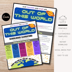 Folleto de agradecimiento para docentes y personal docente, carta para enviar a casa, programar eventos, plantilla de calendario, Canva, tema "Galaxia espacial de otro mundo" (edición limitada)