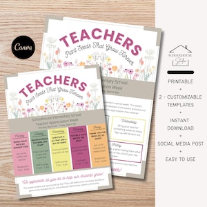 Folleto editable de agradecimiento al personal docente con el tema "Flores que ayudan a florecer", carta para enviar a casa, programar eventos, archivo digital, plantilla