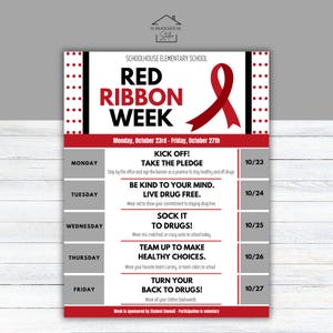 Red Ribbon Week Template: Editable Calendar of Events, School Spirit Week, School Events (Canva, Printable Handout, Digital Download)