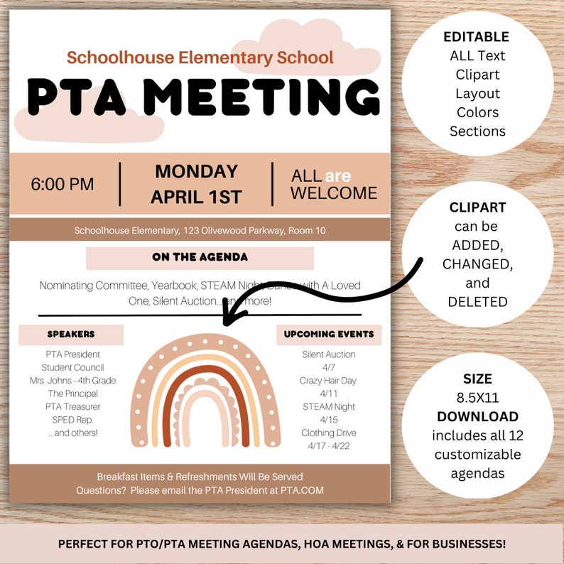 EDITABLE Monthly Meeting Agenda Announcement Flyer, Printable Handout