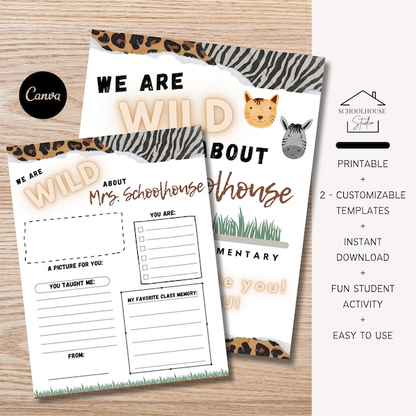 EDITABLE Jungle Wild About You Teacher Appreciation Printable, All About My Teacher, Thank You, Coloring, Instant Download, Sign, Canva