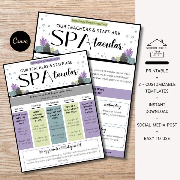 EDITABLE Spa Theme Spa-tacular Teacher and Staff Appreciation Itinerary Flyer, Send Home Letter, Schedule Events, Canva, Printable