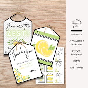 Etiquetas de regalo editables con temática de limón, imprimibles, personalizables, regalos personalizados, agradecimiento, agradecimiento a profesores, Canva, descarga instantánea