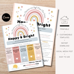 EDITABLE Pastel Rainbow Happy & Bright Theme Teacher and Staff Appreciation Itinerary Flyer, Send Home Letter, Schedule Events, Room Parent