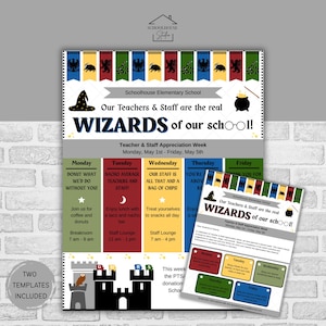 Plantilla de magos de Harry Potter: Calendario editable de agradecimiento al profesorado y semana del espíritu escolar (Canva, imprimible, descarga digital)