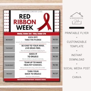 EDITABLE Red Ribbon Week Calendar of Events, Weekly Itinerary, Spirit Week, Printable Template, PTO PTA School Events Schedule, Planner