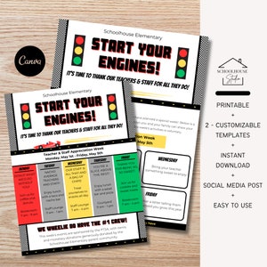 Plantilla editable de volante de agradecimiento para profesores y personal con tema de carreras "Enciendan sus motores", carta para enviar a casa, programar eventos y calendario imprimible.