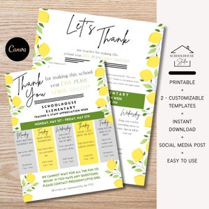 Folleto editable de la Semana de agradecimiento a maestros y personal con temática de limón, carta para enviar a casa, programar eventos, padres de aula, descarga instantánea
