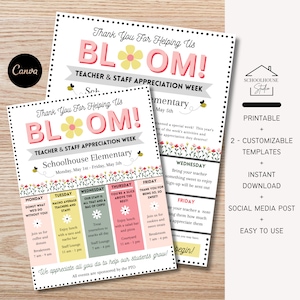 Folleto editable de agradecimiento a maestros y personal con el tema "Flores que nos ayudan a florecer", carta para enviar a casa, programar eventos y archivo digital.