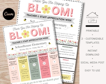 EDITABLE Flower Helping Us Bloom Theme Teacher and Staff Appreciation Itinerary Flyer, Send Home Letter, Schedule Events, Digital File