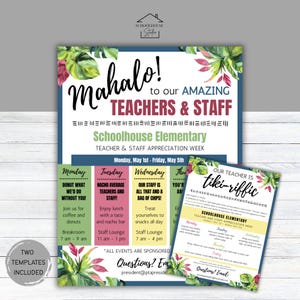Plantilla tropical de luau hawaiano: Calendario editable de agradecimiento a los maestros y de la Semana del Espíritu Escolar (Canva, imprimible, descarga digital)