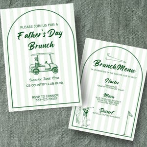 Può includere: Due inviti per il brunch della festa del papà a righe verdi e bianche. Un invito presenta un'illustrazione di un golf cart e il testo "Father's Day Brunch". L'altro è un menu brunch con illustrazioni a tema golf.