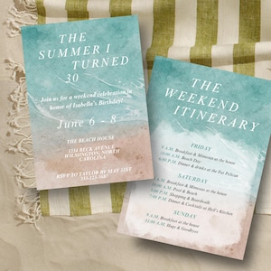 The Summer I Turned-weekendfeestuitnodiging | Uitnodiging en reisplan voor weekendje weg | I Turned Pretty Inspired, bewerkbare canvassjabloon