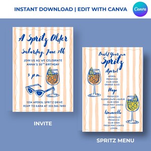 May include: Two invitation templates with a blue and orange theme. The left invitation reads "A Spritz Older" with event details. The right template is a "Spritz Menu" with drink recipes. Both feature illustrations of cocktails.