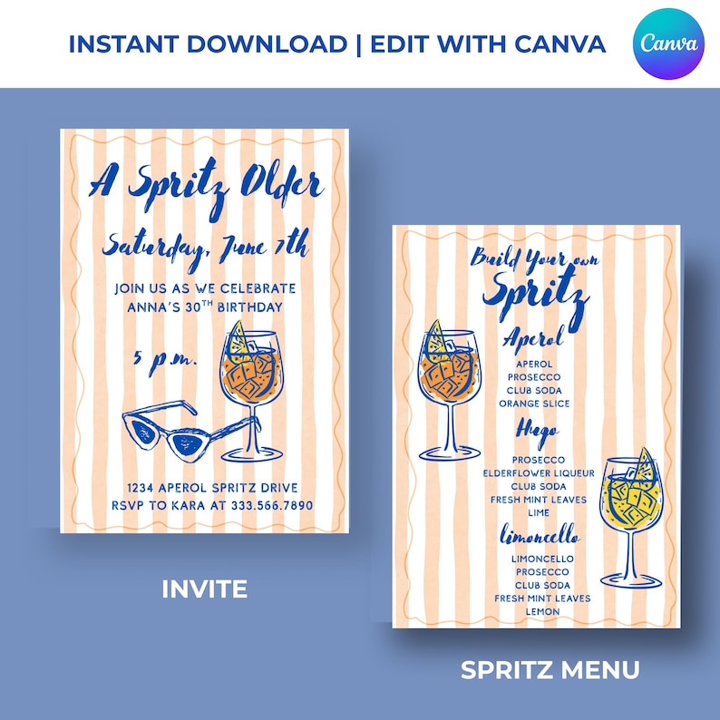 May include: Two invitation templates with a blue and orange theme. The left invitation reads "A Spritz Older" with event details. The right template is a "Spritz Menu" with drink recipes. Both feature illustrations of cocktails.