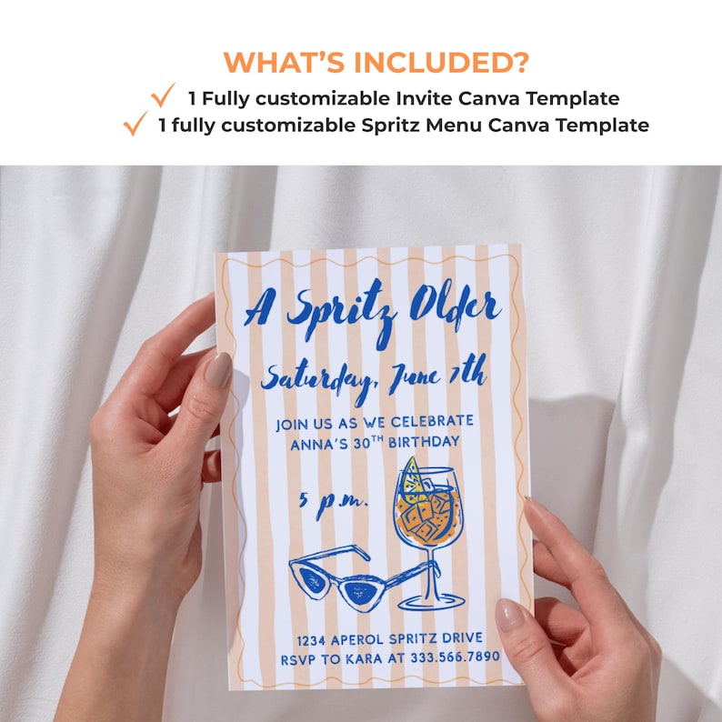 May include: A Spritz Older invitation template with a blue and orange striped background. The invitation includes the text "A Spritz Older" and details for a 30th birthday celebration, including the date, time, and RSVP information.