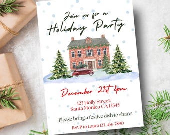 May include: A holiday party invitation with watercolor illustrations. The invitation features a red brick house, a vintage car with a Christmas tree, and text that reads "Join us for a Holiday Party" and event details.