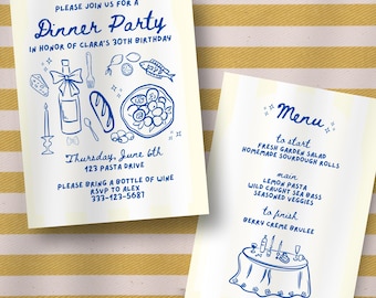 Mediterranean Dinner Party Invitation | Editable Canva Template | Greek Italian Theme | Yellow Blue Summer Invite | Dinner Party