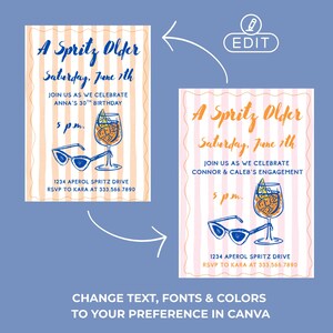 May include: Two invitation designs with the text "A Spritz Older" in orange and blue. One invitation is for a 30th birthday, the other for an engagement. Both feature a cocktail illustration, sunglasses, and event details.