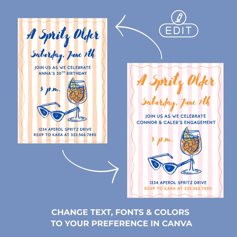 May include: Two invitation designs with the text "A Spritz Older" in orange and blue. One invitation is for a 30th birthday, the other for an engagement. Both feature a cocktail illustration, sunglasses, and event details.