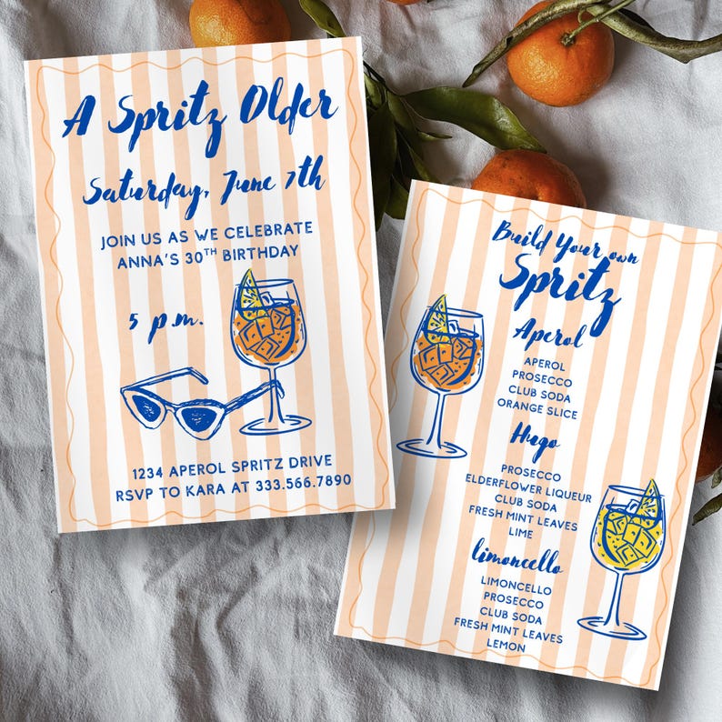 May include: Two invitation cards with a peach and white striped background. The first card reads "A Spritz Older" with event details. The second card says "Build Your Own Spritz" with drink recipes. Both cards feature blue illustrations of cocktails and sunglasses.