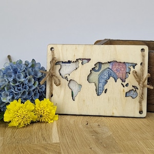 Holzkarte | Geldgeschenk | Geburtstagskarte | Geschenkidee | Abschied | Weltkarte