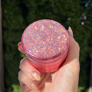 Custom Herb Grinder -  2.5” Pink Rose Gold or Black Holographic Grinder with Kief Catcher- Unique Wedding, 420, and Gift for Smoker