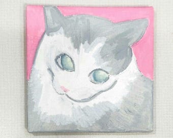 Mini cuadro original de un gato gris vigilante / Cuadro original sobre lienzo pequeño / Decoración del hogar / Regalo personal