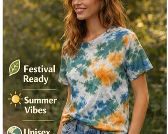 Green Blue Orange Tie Dye Shirt – Boho Unisex Festival Tee – Hand Dyed Aesthetic Shirt, Unisex Green Blue Orange Shirt