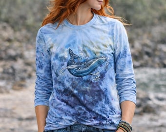 Tie Dye Long Sleeve Shirt – Blue Whale Art Tee – Unisex Hand Dyed Top – Ocean Aesthetic Clothing, Handmade Boho Long Sleeve Tee