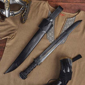 Windlass Black Maldon Viking Seax Steel Blade Leather Wrapped Grip with Steel Guard and Pommel - Scabbard include