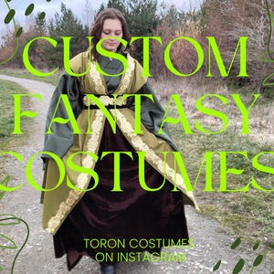 May include: A person wearing a custom fantasy costume. The costume features a dark green and olive-colored cloak with gold trim over a dark brown velvet dress. The image includes the text "CUSTOM FANTASY COSTUMES" and "TORON COSTUME ON INSTAGRAM".