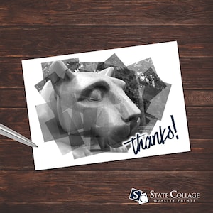 May include: A black and white photo of a lion statue with a geometric pattern overlay. The text "thanks!" is written in blue below the statue.