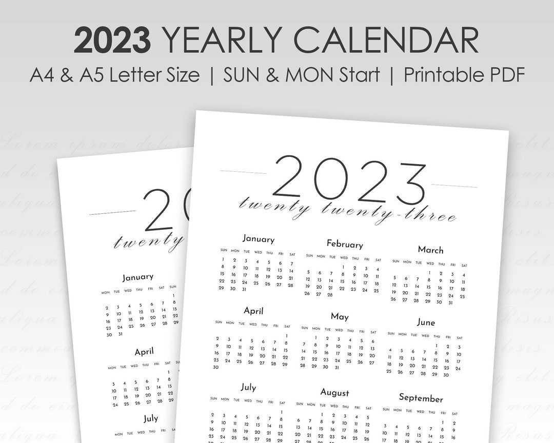 Printable 2023 Yearly Calendar, 2023 Year at a Glance Calendar ...