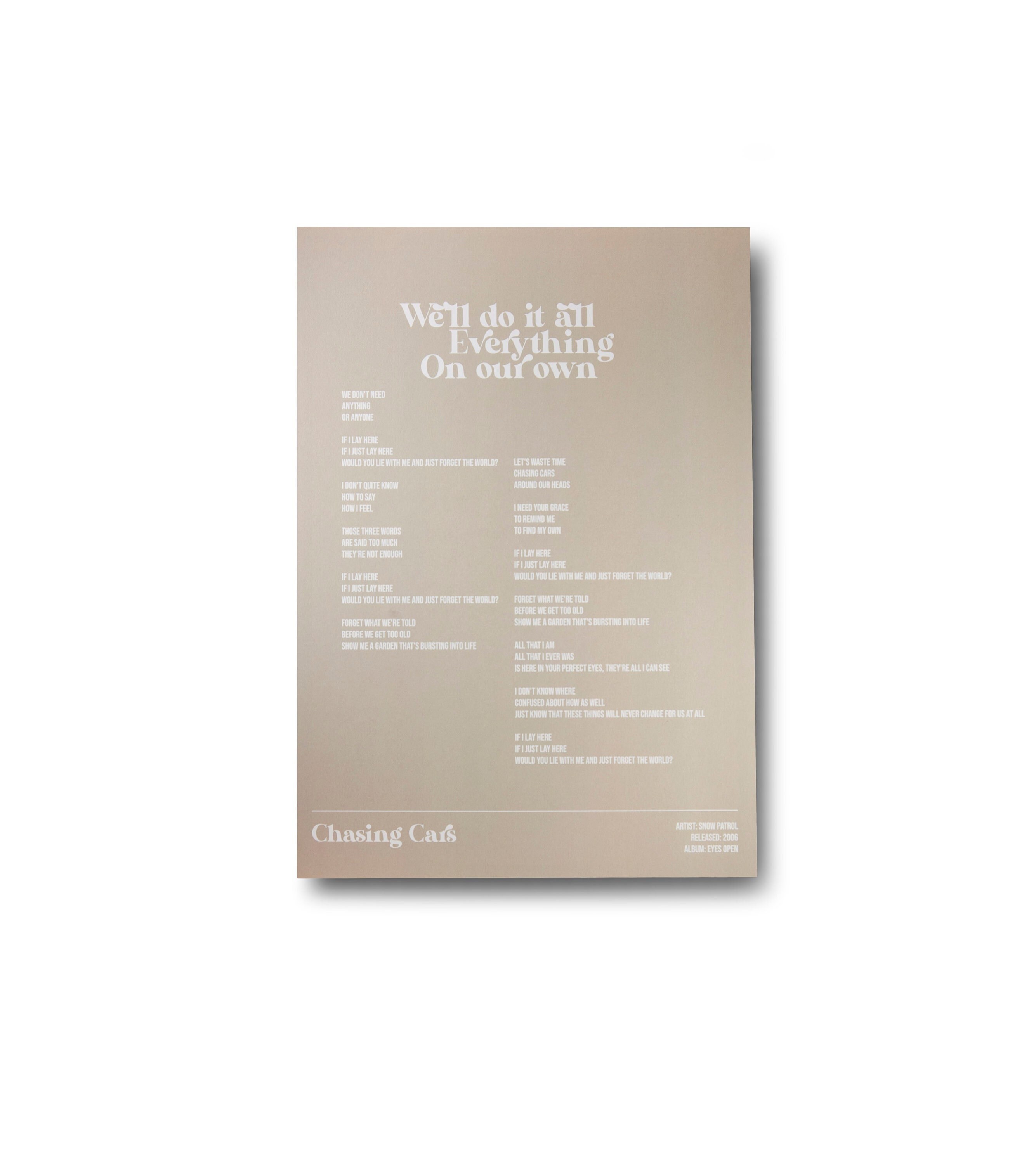 Chasing Cars Lyrics - Etsy Israel