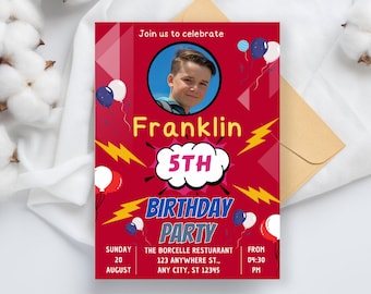 Flash Birthday Bash Invitation: Red Lightning Bolt Design (Editable PDF)