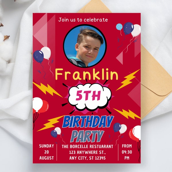 Bright Red Birthday Invite, Flash Birthday Invite, Kids Party Balloon Invite, Flash Lightning Birthday Invitation, Cool kids Invitations