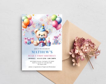 Teddy Bear 1st Birthday Invitation: Air Balloon, Editable (Digital Download)