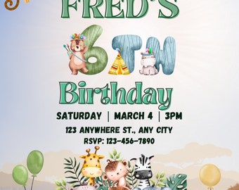 Wild Safari 6th Birthday Invitation: Jungle Animals (Editable Template)