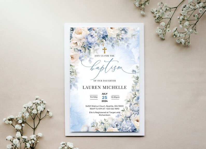 EDITABLE Baptism Invitation Template, Botanical Printable Baptism ...