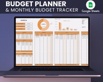 May include: A laptop screen displaying a Google Sheets budget planner and tracker template. The template is designed to help users track their income, expenses, bills, and savings. The template is color-coded with orange and white and includes a pie chart and bar graphs.