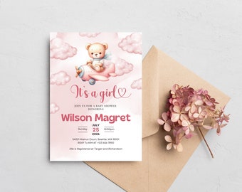 Pink Teddy Bear Plane Baby Shower Invitation Template (Digital Download)