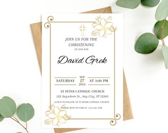 Gold Christening Invitation: Elegant White & Gold, Printable (Editable Template)