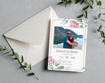 Floral Save the Date: Pink Rose Photo, Editable Wedding Invite (Digital Download)