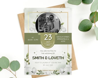 Green & Gold Floral Wedding Invitation: Editable Template (Digital Download)