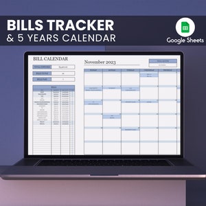 May include: A laptop computer screen displaying a Google Sheets spreadsheet for tracking bills and a calendar for November 2023. The spreadsheet includes fields for total expenses, bills to pay, and bills paid. The calendar shows the days of the week and dates for the month.