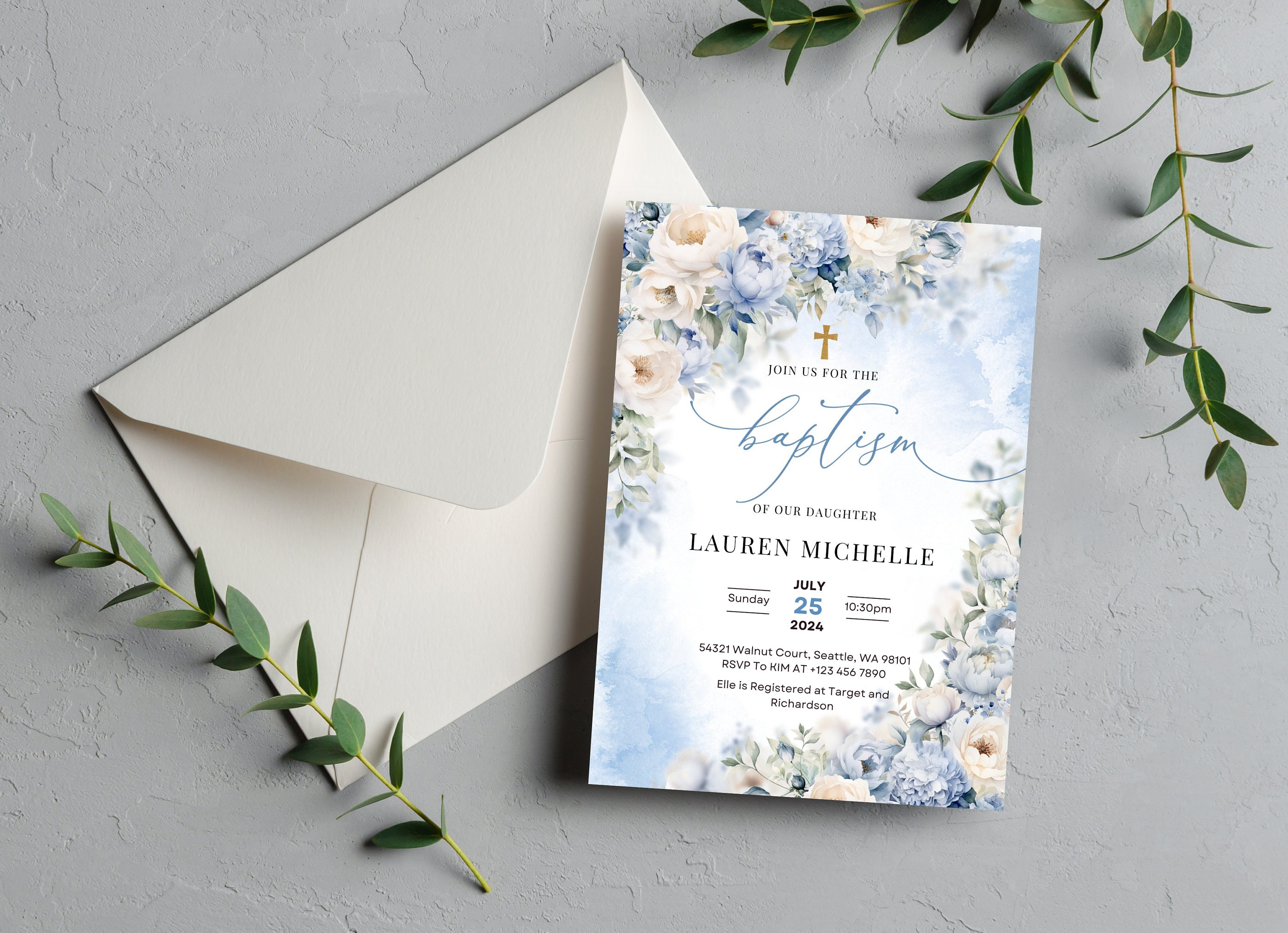 EDITABLE Baptism Invitation Template, Botanical Printable Baptism ...