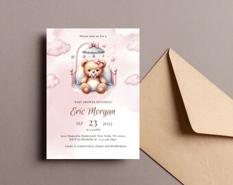 Teddy Bear Crib Baby Shower Invitation Template (Digital Download)
