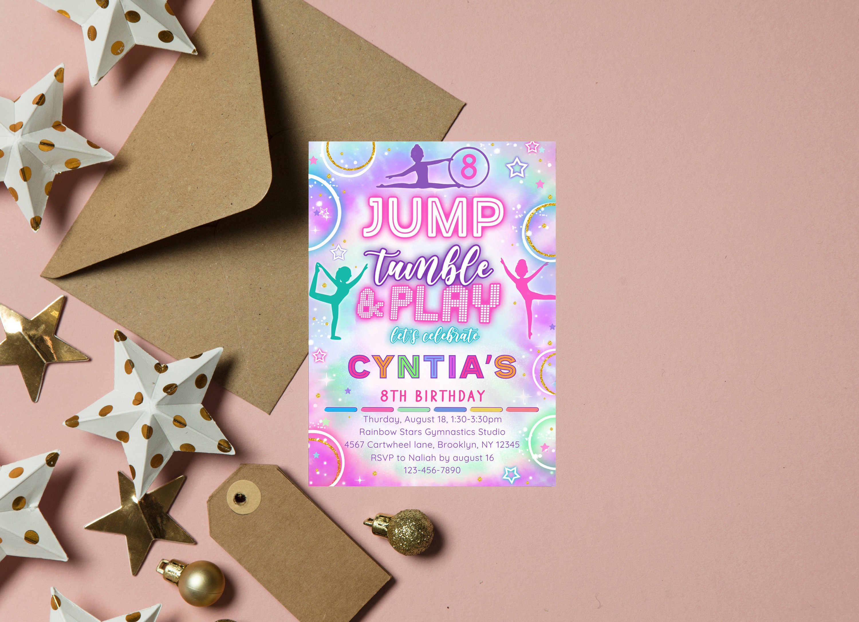 Editable Jump Tumble Play Gymnastic Neon Birthday Invitation, Jump ...