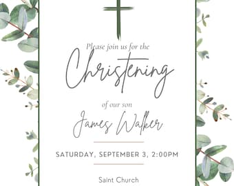 Greenery Christening Invitation Template: Elegant Printable (DIY Editable)